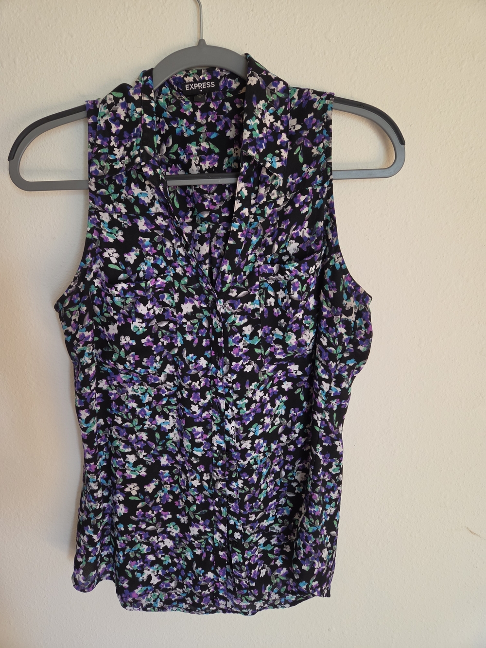 Express Black Floral Sleeveless Blouse with Purple & Teal Accents